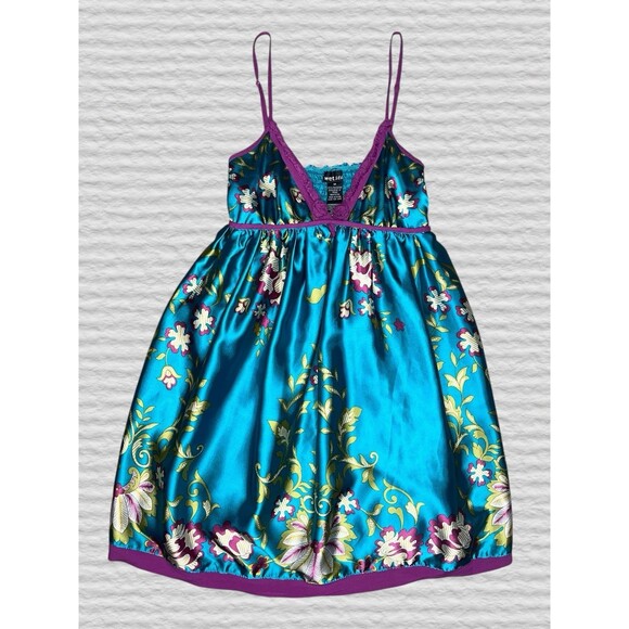 Vtg Y2K Wet Sea Satin Babydoll Mini Slip Dress MED Teal Purple Floral Smocked - Picture 6 of 11